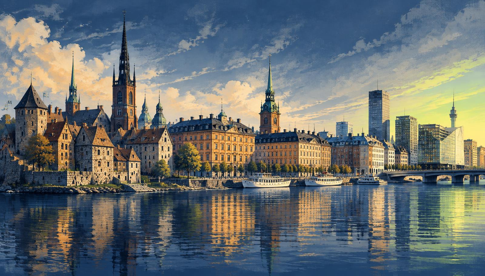 Illustration av Gamla stan och Stockholms siluett genom tiderna