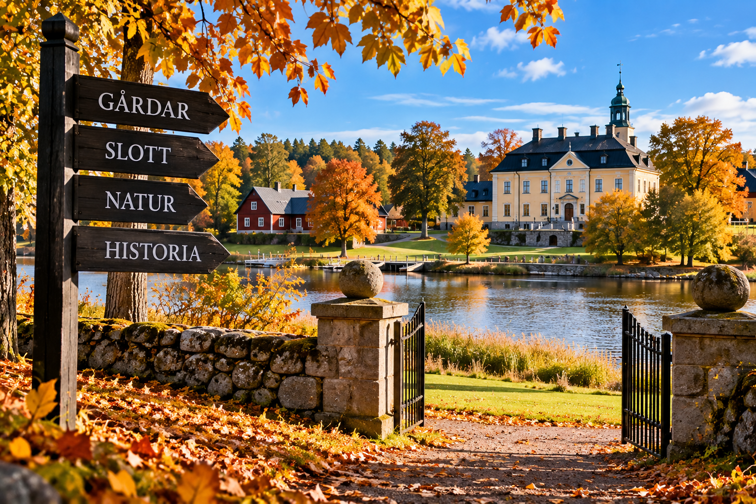 Höstlandskap med historisk gård och slott i Upplands-Bro
