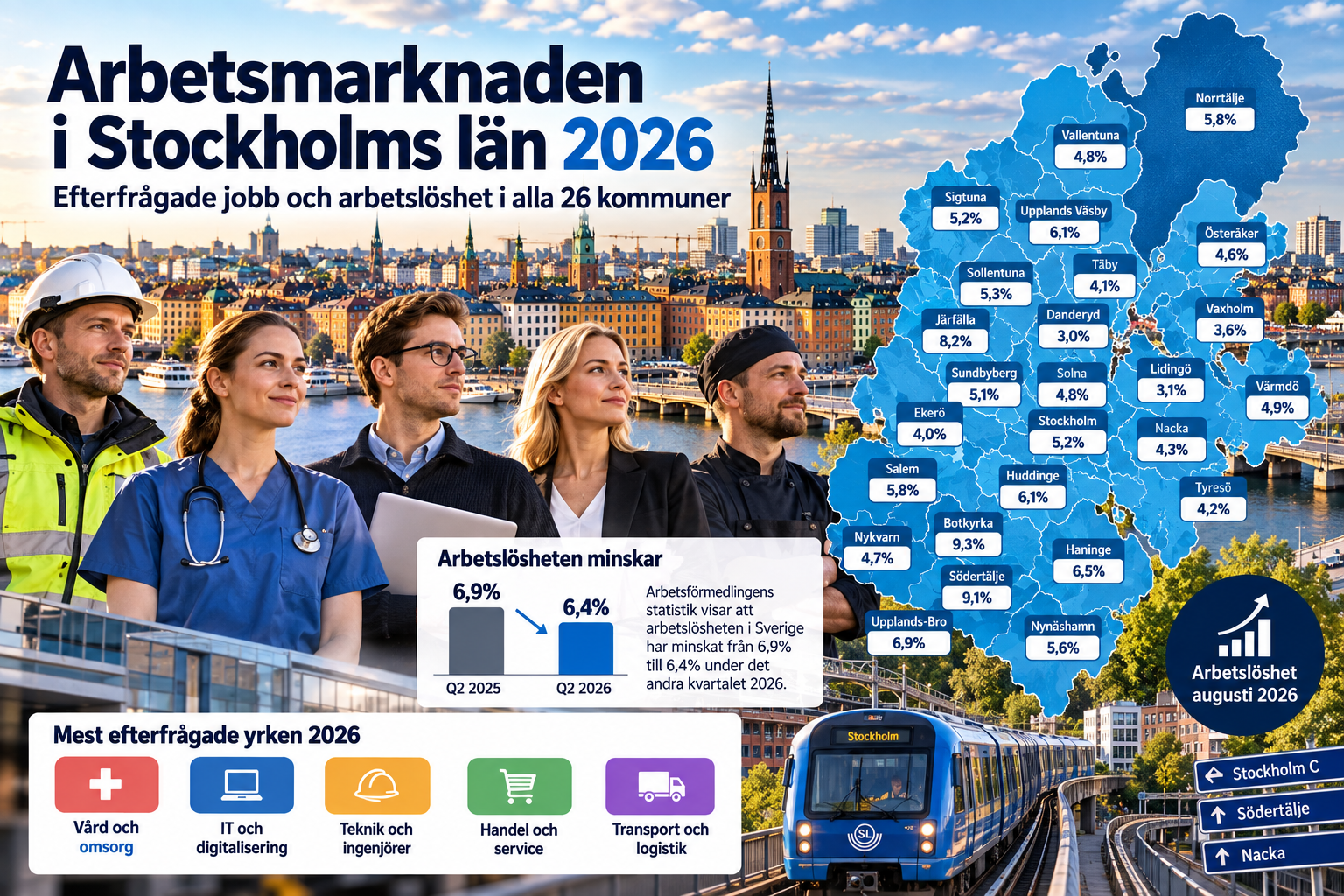 Arbetsmarknaden i Stockholms län 2026 – efterfrågade jobb och arbetslöshet i 26 kommuner

UNDERUBRIK: Arbetslösheten minskar under 2026, men skillnaderna mellan kommunerna i Stockholms län är fortfarande stora.
