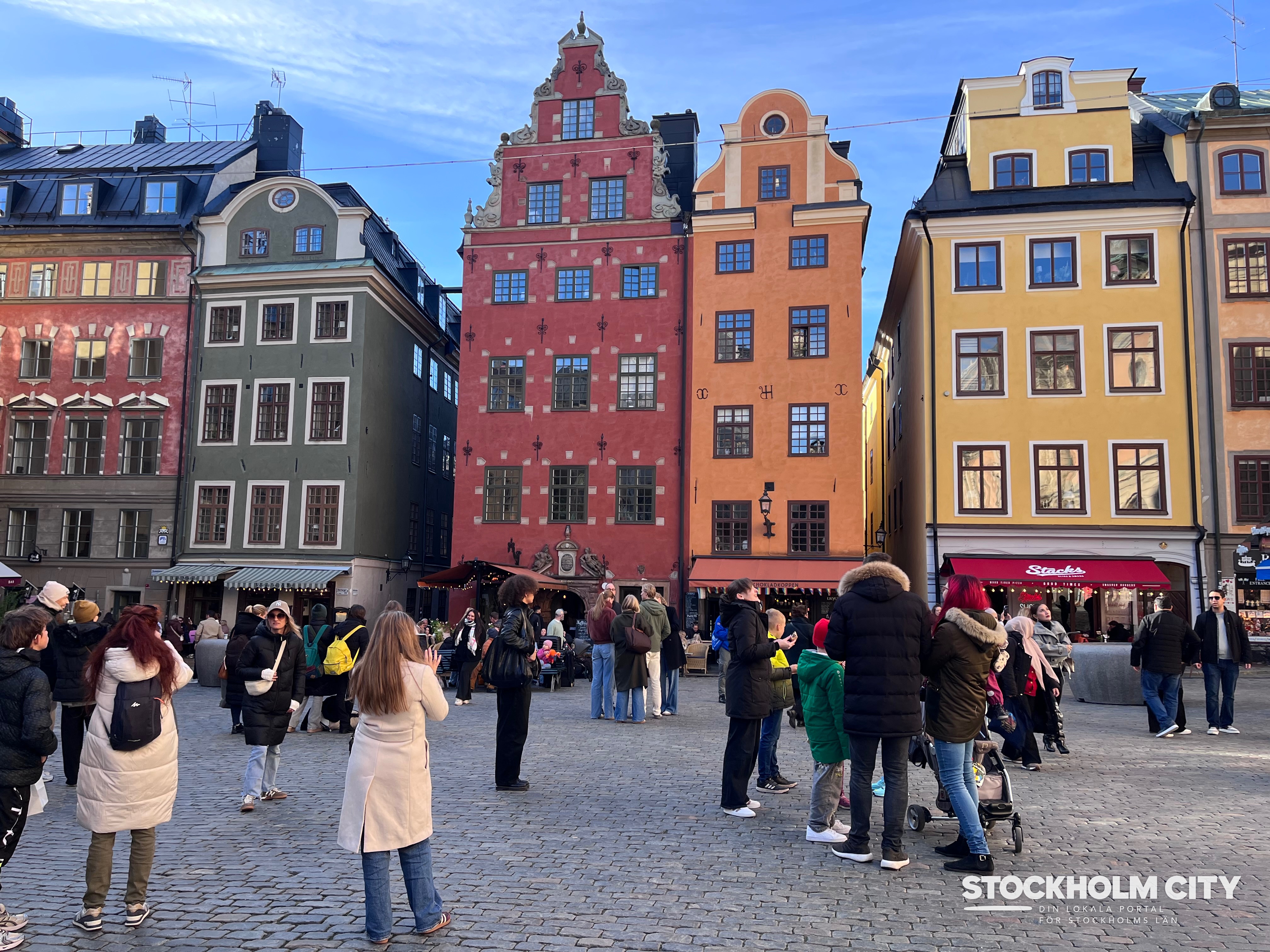 Colourful historic façades along the waterfront in Gamla Stan, Stockholm's old town