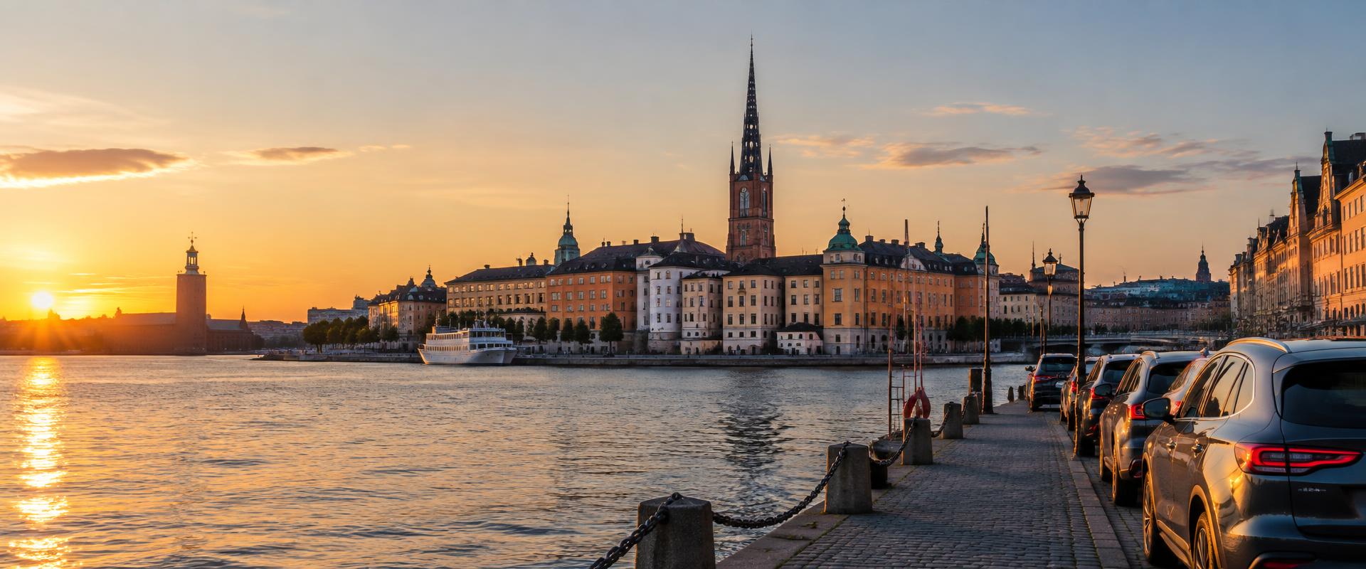 Stockholms siluett i solnedgång med bilar längs kajen